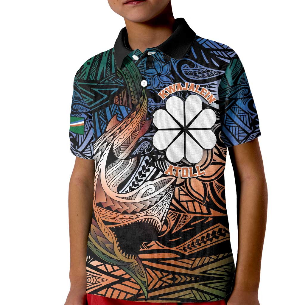 Personalised Kwajalein Atoll Kid Polo Shirt Polynesian Shark Tattoo Gradient Vibes