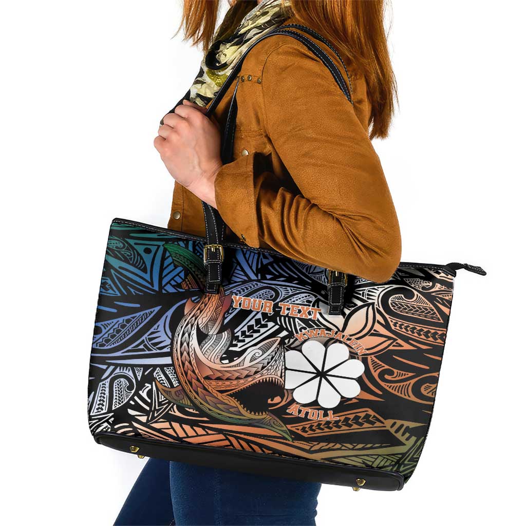 Personalised Kwajalein Atoll Leather Tote Bag Polynesian Shark Tattoo Gradient Vibes LT14 Black - Polynesian Pride