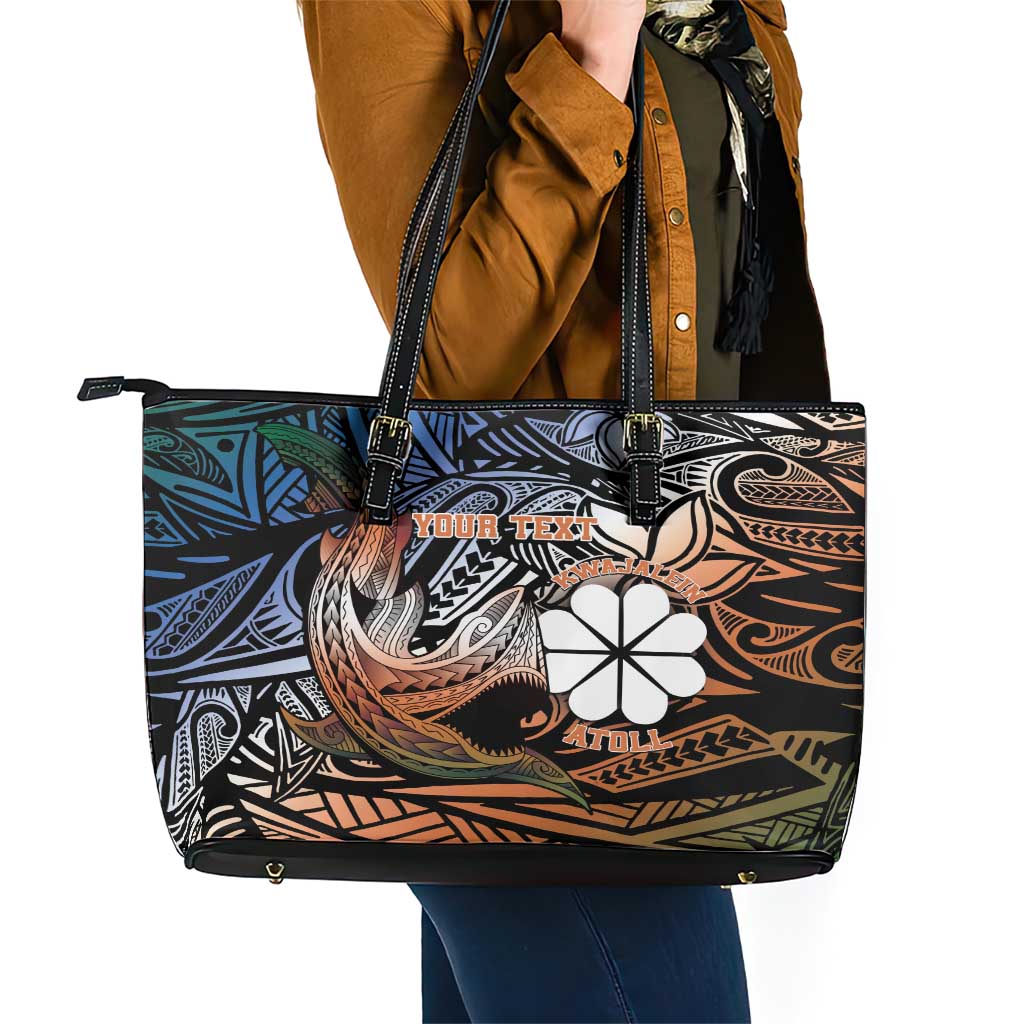Personalised Kwajalein Atoll Leather Tote Bag Polynesian Shark Tattoo Gradient Vibes LT14 - Polynesian Pride