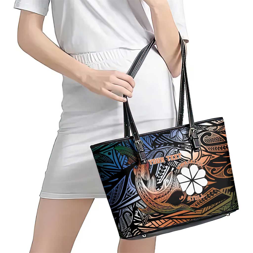 Personalised Kwajalein Atoll Leather Tote Bag Polynesian Shark Tattoo Gradient Vibes LT14 - Polynesian Pride