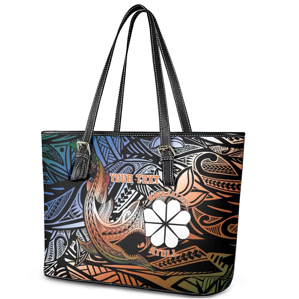 Personalised Kwajalein Atoll Leather Tote Bag Polynesian Shark Tattoo Gradient Vibes LT14 - Polynesian Pride