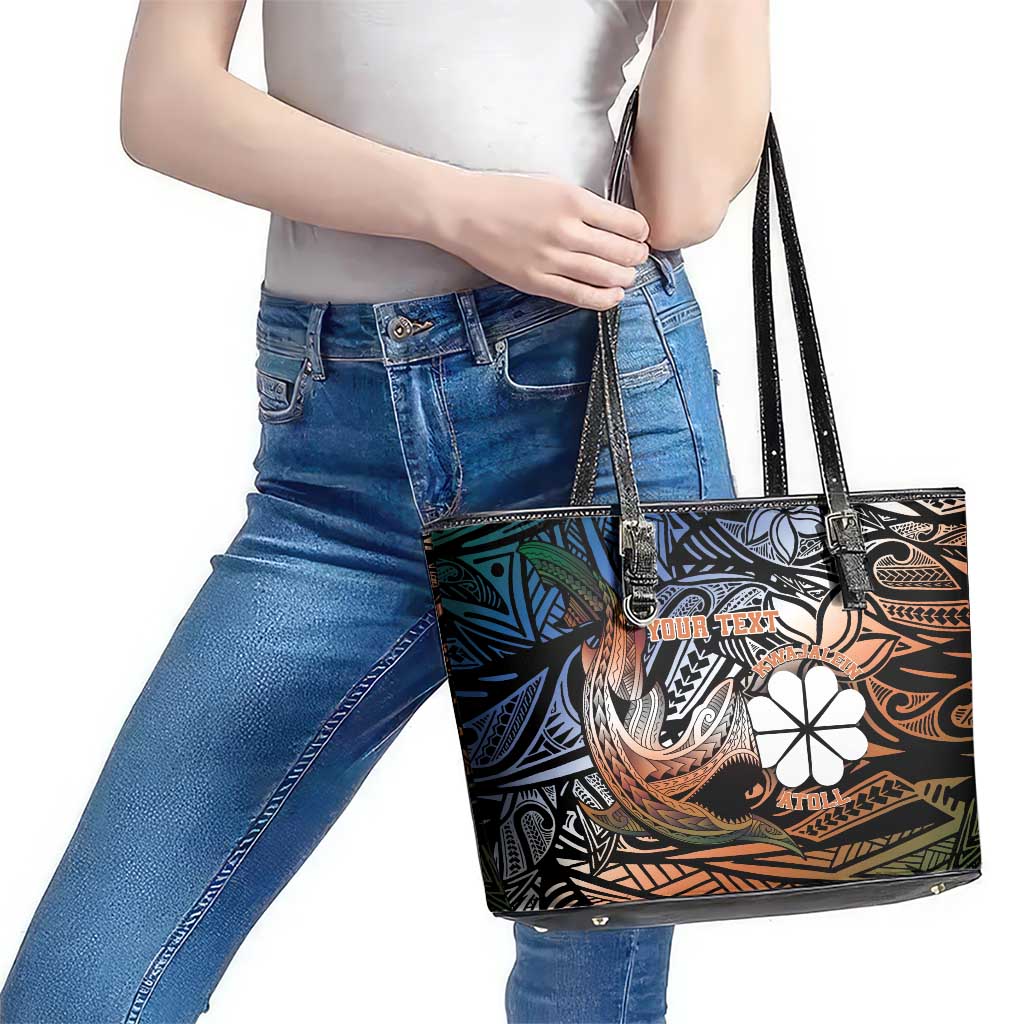 Personalised Kwajalein Atoll Leather Tote Bag Polynesian Shark Tattoo Gradient Vibes LT14 - Polynesian Pride