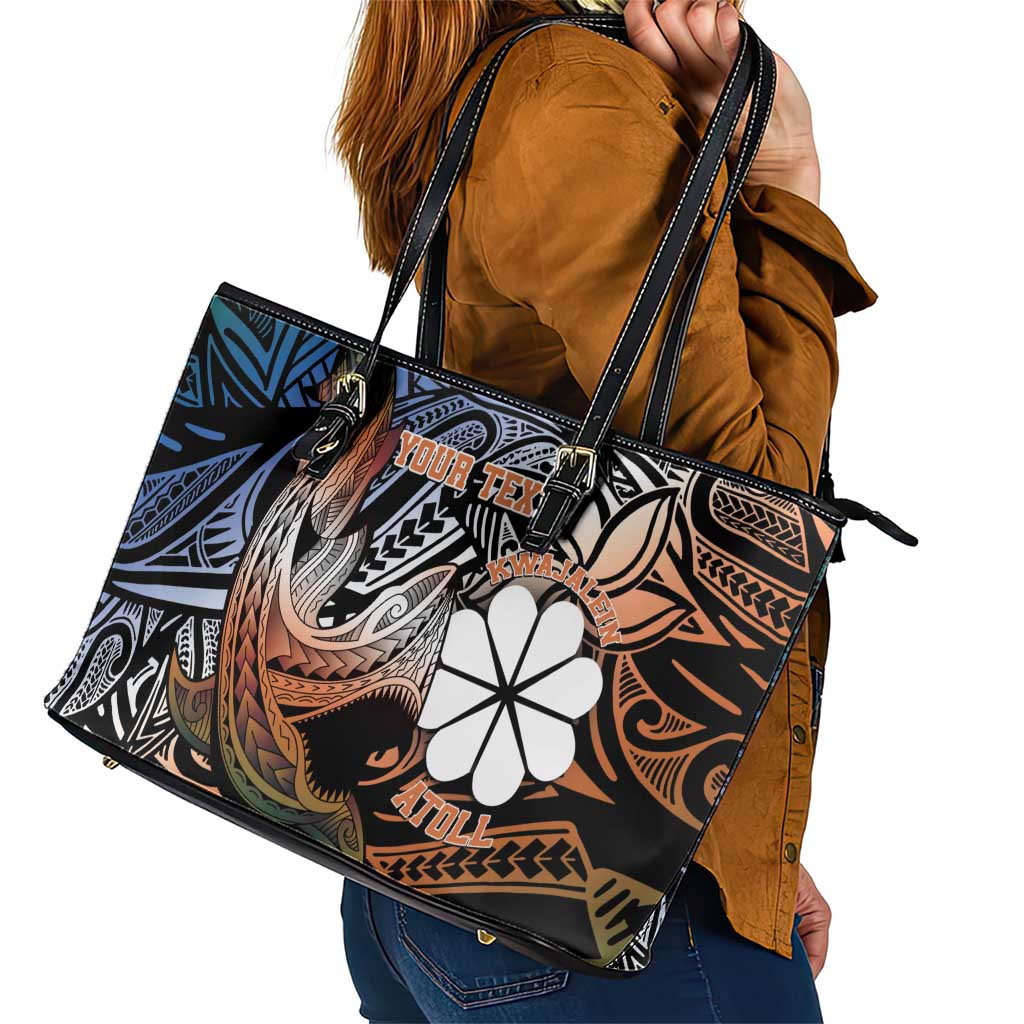 Personalised Kwajalein Atoll Leather Tote Bag Polynesian Shark Tattoo Gradient Vibes LT14 - Polynesian Pride