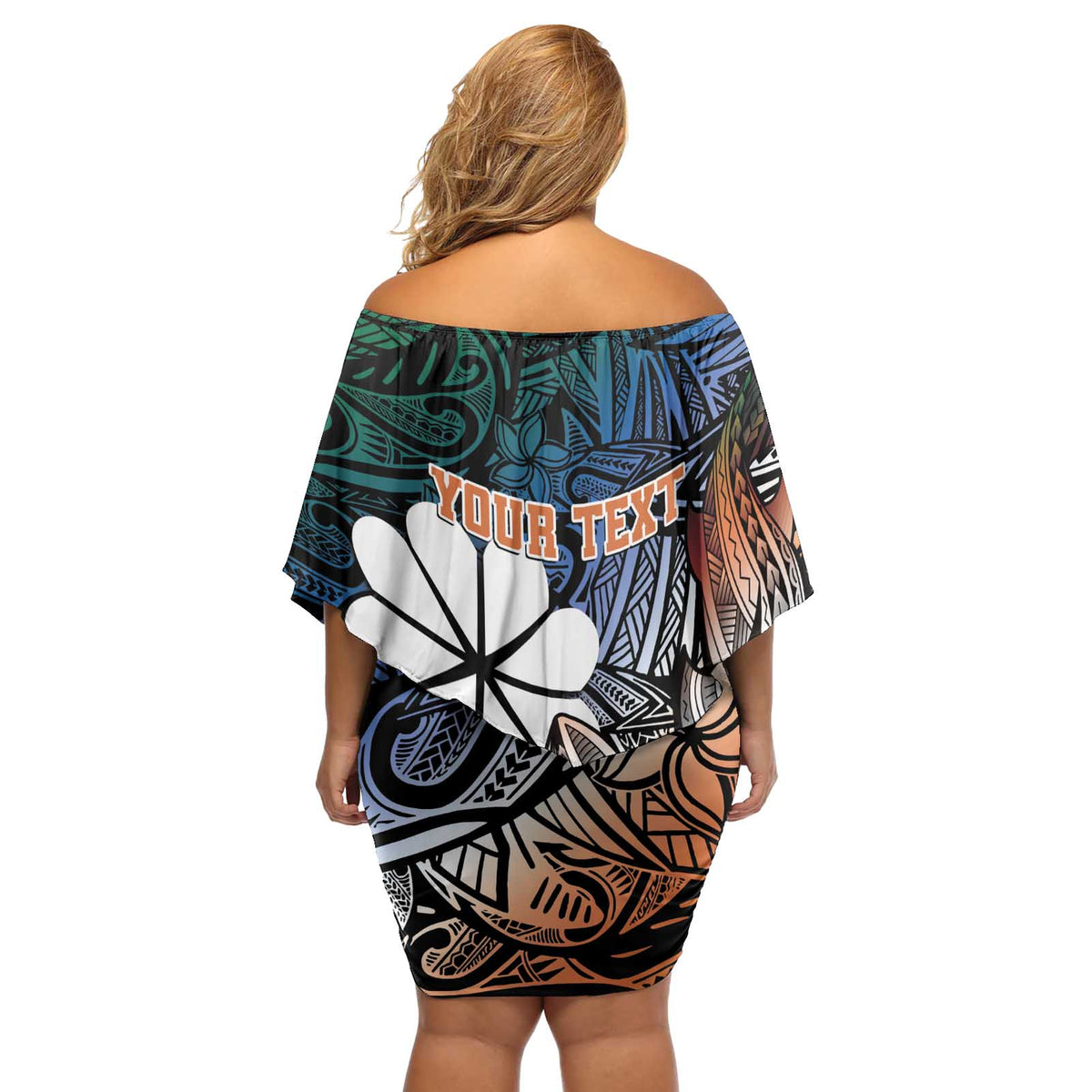Personalised Kwajalein Atoll Off Shoulder Short Dress Polynesian Shark Tattoo Gradient Vibes LT14 - Polynesian Pride