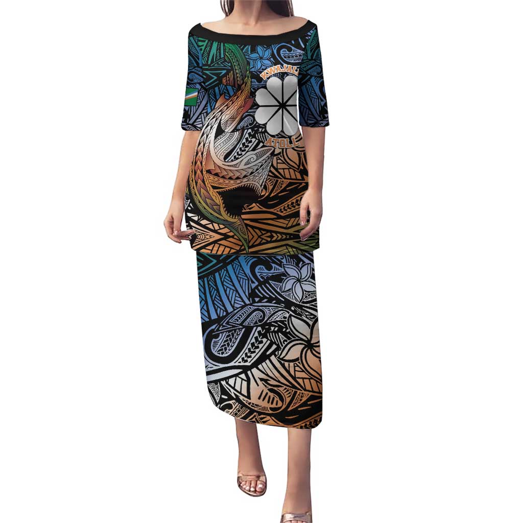 Personalised Kwajalein Atoll Puletasi Polynesian Shark Tattoo Gradient Vibes LT14 Long Dress Black - Polynesian Pride