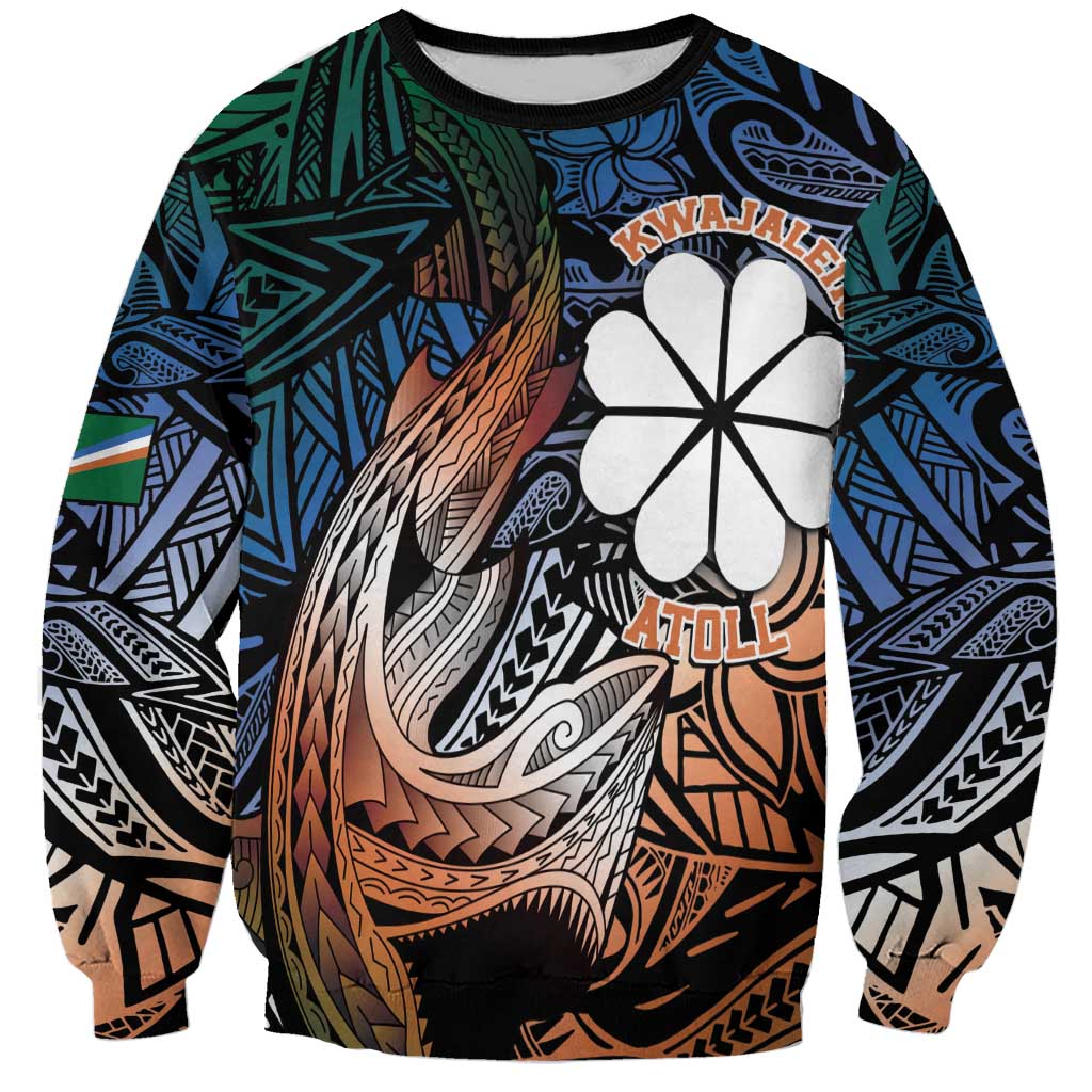 Personalised Kwajalein Atoll Sweatshirt Polynesian Shark Tattoo Gradient Vibes LT14 Unisex Black - Polynesian Pride