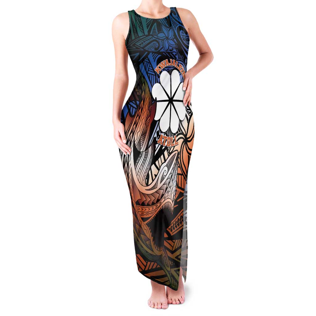 Personalised Kwajalein Atoll Tank Maxi Dress Polynesian Shark Tattoo Gradient Vibes LT14 Women Black - Polynesian Pride