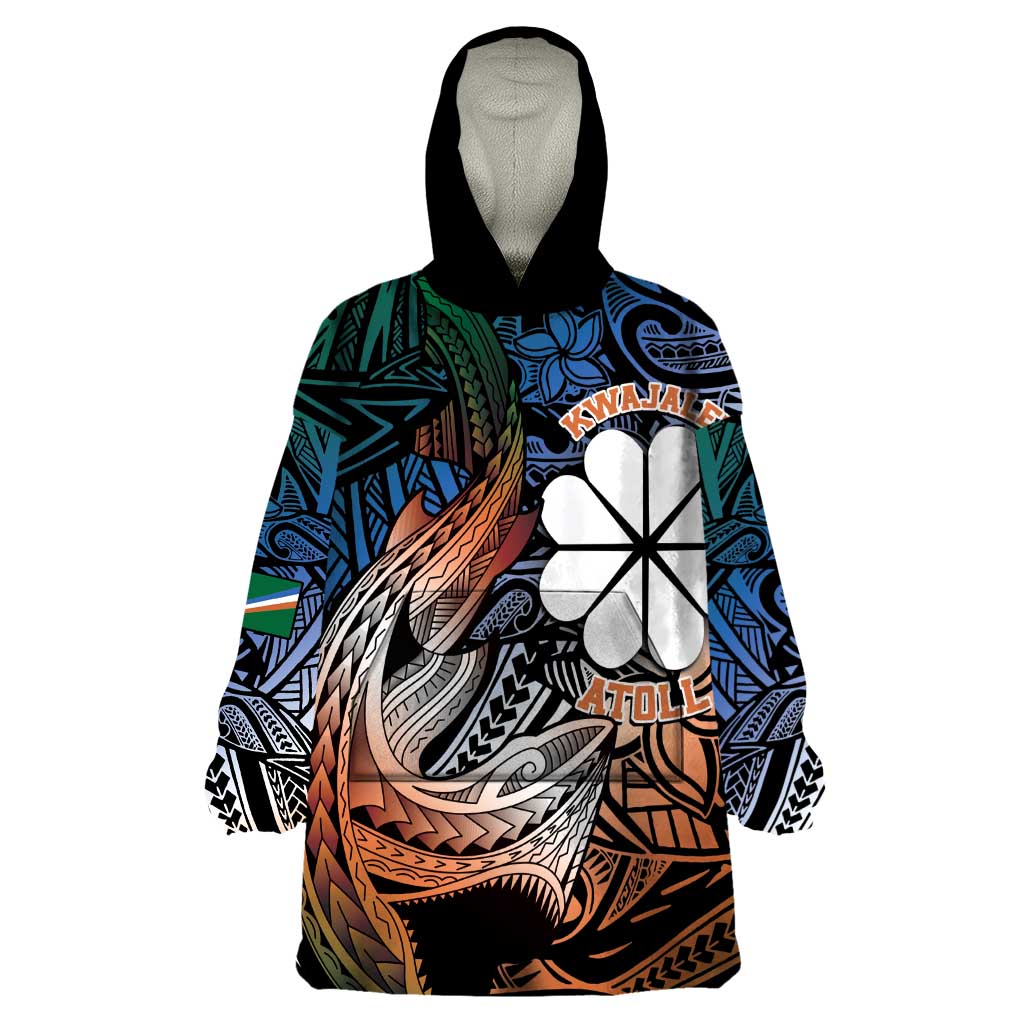 Personalised Kwajalein Atoll Wearable Blanket Hoodie Polynesian Shark Tattoo Gradient Vibes LT14 One Size Black - Polynesian Pride