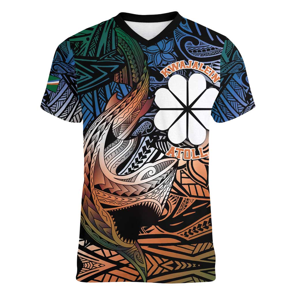 Personalised Kwajalein Atoll Women V-Neck T-Shirt Polynesian Shark Tattoo Gradient Vibes