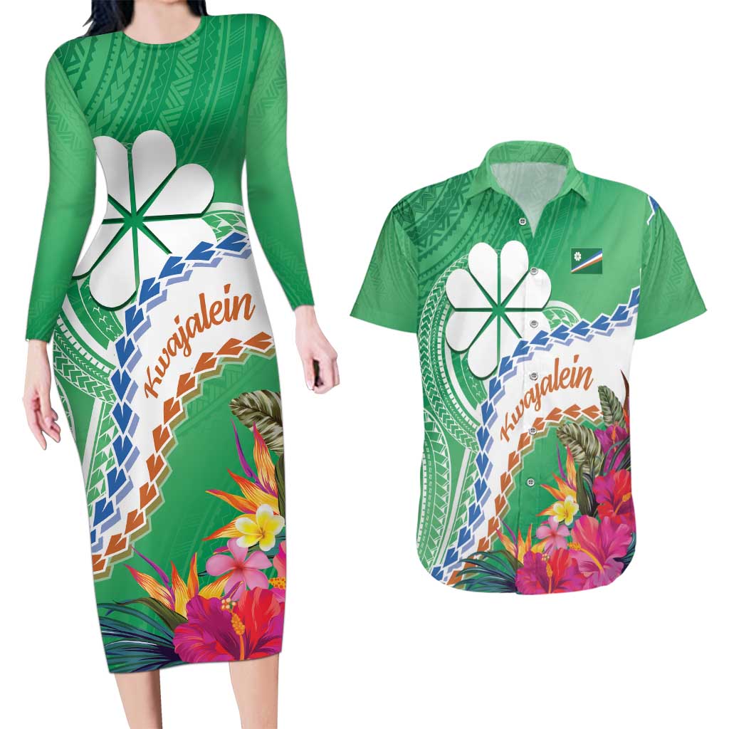 Marshall Islands Kwajalein Atoll Couples Matching Long Sleeve Bodycon Dress and Hawaiian Shirt Curves Polynesian Mix Tropical Flowers