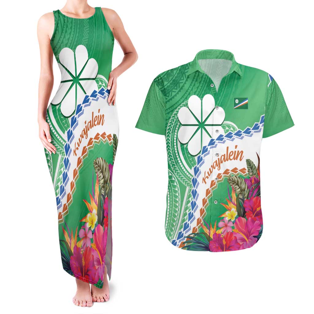 Marshall Islands Kwajalein Atoll Couples Matching Tank Maxi Dress and Hawaiian Shirt Curves Polynesian Mix Tropical Flowers