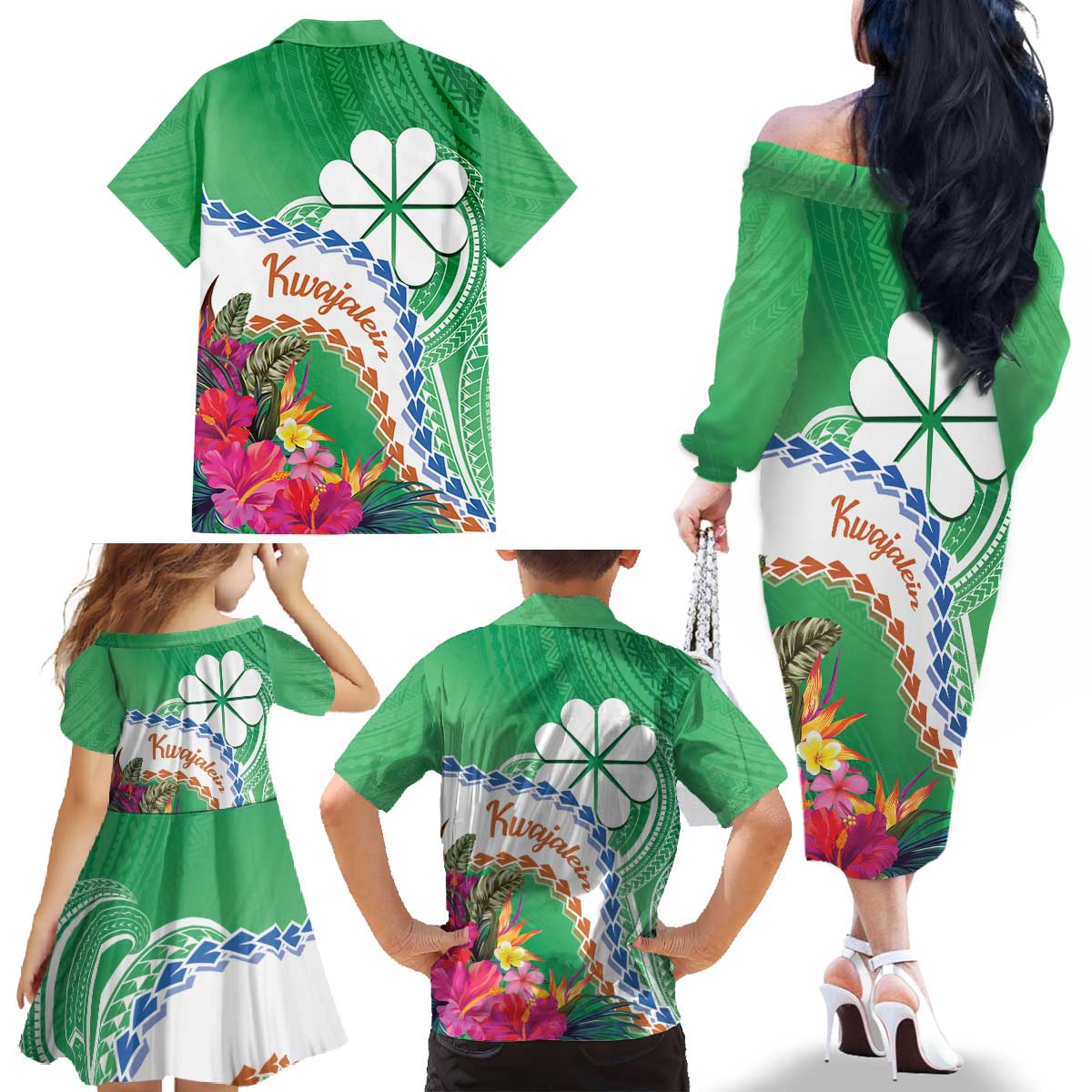 Marshall Islands Kwajalein Atoll Family Matching Off The Shoulder Long Sleeve Dress and Hawaiian Shirt Curves Polynesian Mix Tropical Flowers