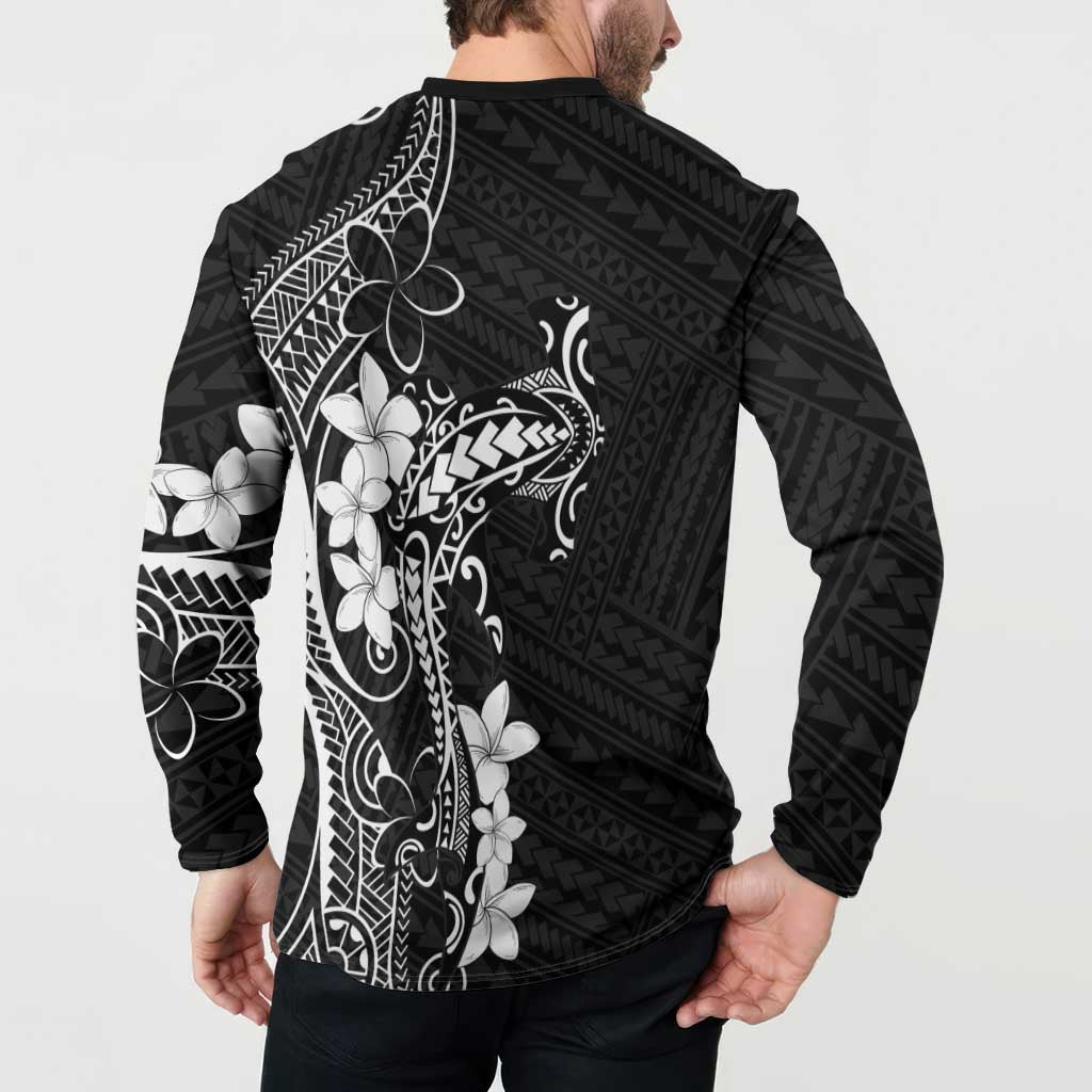 Black Hawaii Button Sweatshirt Hammerhead Shark Tattoo Curve Polynesian LT14 - Polynesian Pride
