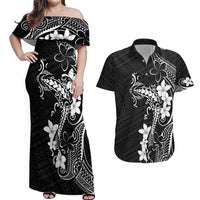 Black Hawaii Couples Matching Off Shoulder Maxi Dress and Hawaiian Shirt Hammerhead Shark Tattoo Curve Polynesian - Polynesian Pride