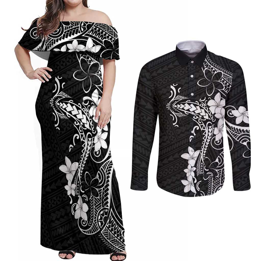 Black Hawaii Couples Matching Off Shoulder Maxi Dress and Long Sleeve Button Shirt Hammerhead Shark Tattoo Curve Polynesian - Polynesian Pride