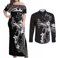 Black Hawaii Couples Matching Off Shoulder Maxi Dress and Long Sleeve Button Shirt Hammerhead Shark Tattoo Curve Polynesian - Polynesian Pride