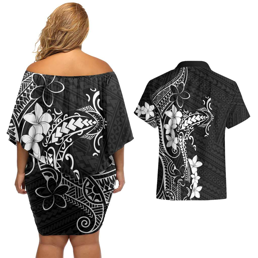Black Hawaii Couples Matching Off Shoulder Short Dress and Hawaiian Shirt Hammerhead Shark Tattoo Curve Polynesian - Polynesian Pride