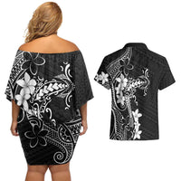 Black Hawaii Couples Matching Off Shoulder Short Dress and Hawaiian Shirt Hammerhead Shark Tattoo Curve Polynesian - Polynesian Pride