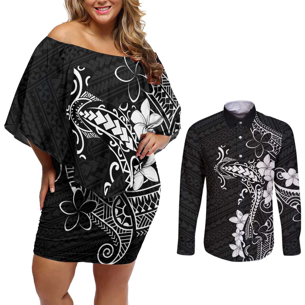 Black Hawaii Couples Matching Off Shoulder Short Dress and Long Sleeve Button Shirt Hammerhead Shark Tattoo Curve Polynesian - Polynesian Pride