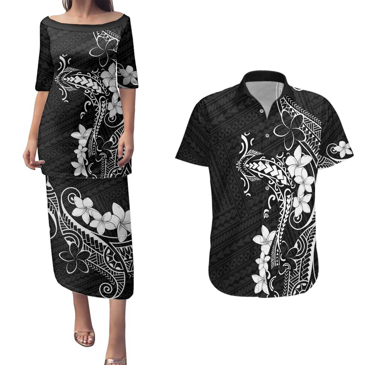 Black Hawaii Couples Matching Puletasi and Hawaiian Shirt Hammerhead Shark Tattoo Curve Polynesian LT14 Black - Polynesian Pride