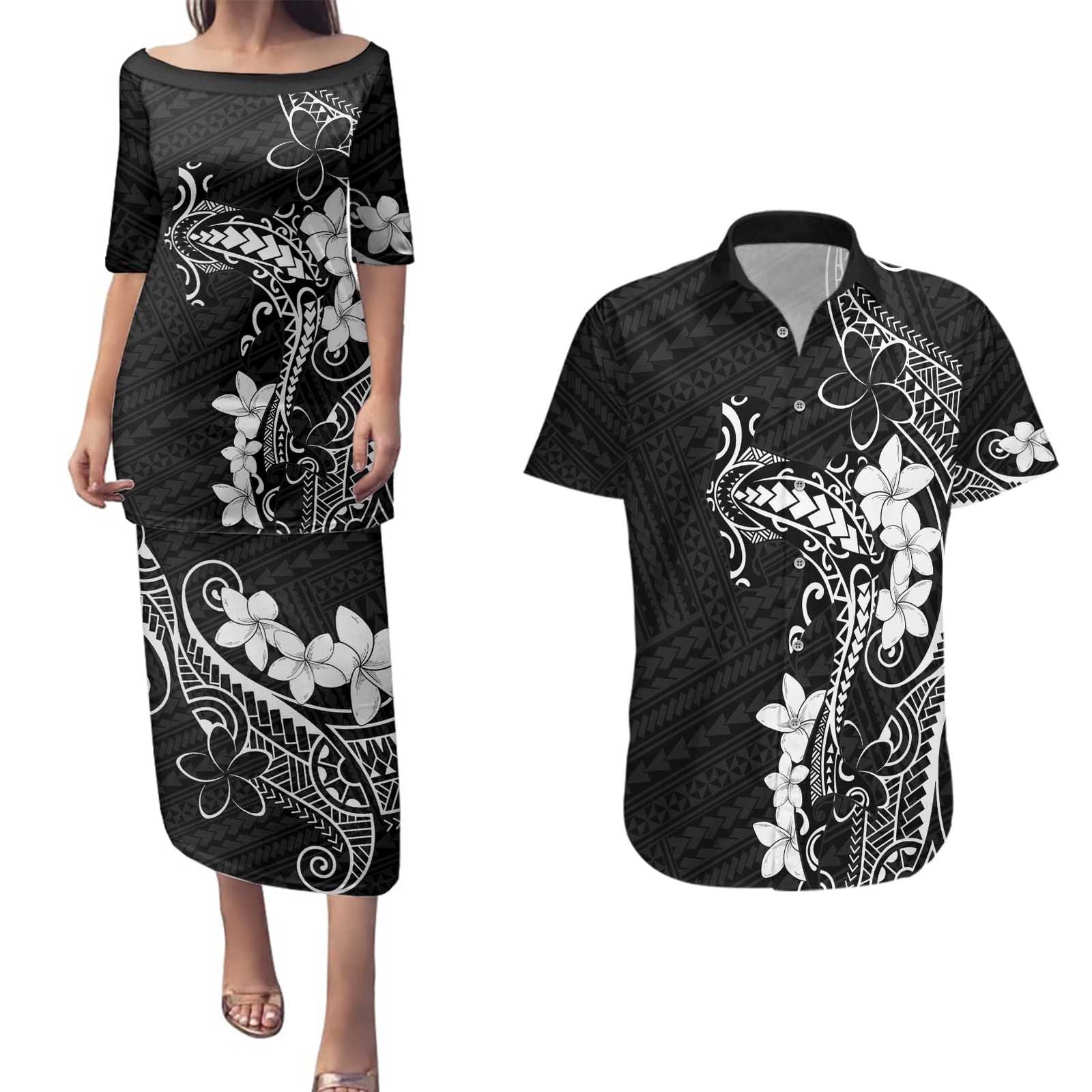Black Hawaii Couples Matching Puletasi and Hawaiian Shirt Hammerhead Shark Tattoo Curve Polynesian LT14 Black - Polynesian Pride