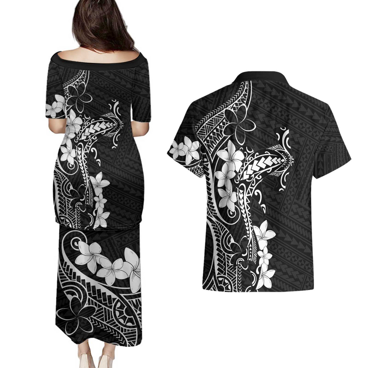 Black Hawaii Couples Matching Puletasi and Hawaiian Shirt Hammerhead Shark Tattoo Curve Polynesian LT14 - Polynesian Pride