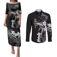 Black Hawaii Couples Matching Puletasi and Long Sleeve Button Shirt Hammerhead Shark Tattoo Curve Polynesian LT14 Black - Polynesian Pride