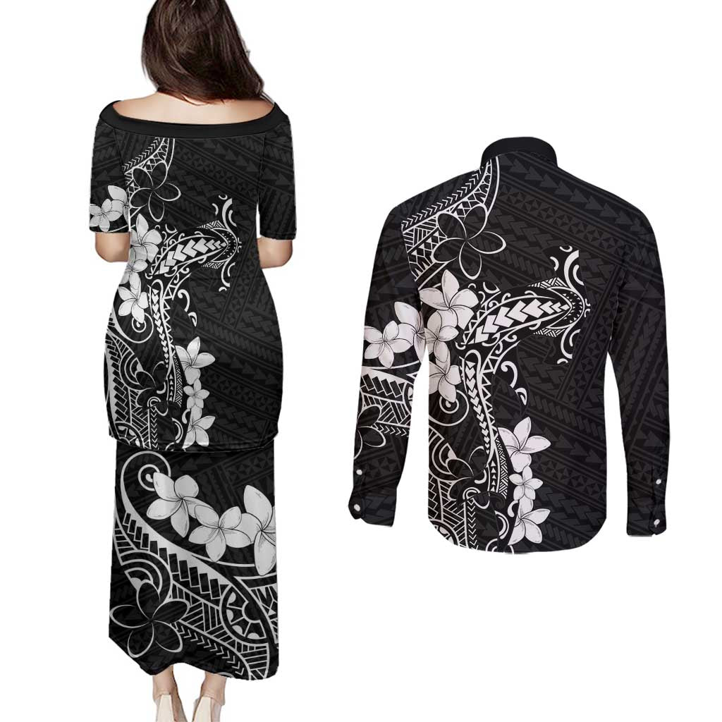 Black Hawaii Couples Matching Puletasi and Long Sleeve Button Shirt Hammerhead Shark Tattoo Curve Polynesian LT14 - Polynesian Pride