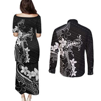 Black Hawaii Couples Matching Puletasi and Long Sleeve Button Shirt Hammerhead Shark Tattoo Curve Polynesian LT14 - Polynesian Pride