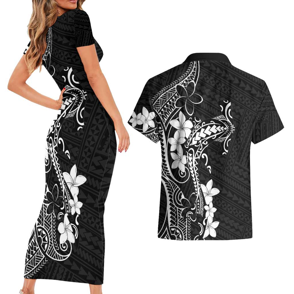 Black Hawaii Couples Matching Short Sleeve Bodycon Dress and Hawaiian Shirt Hammerhead Shark Tattoo Curve Polynesian - Polynesian Pride
