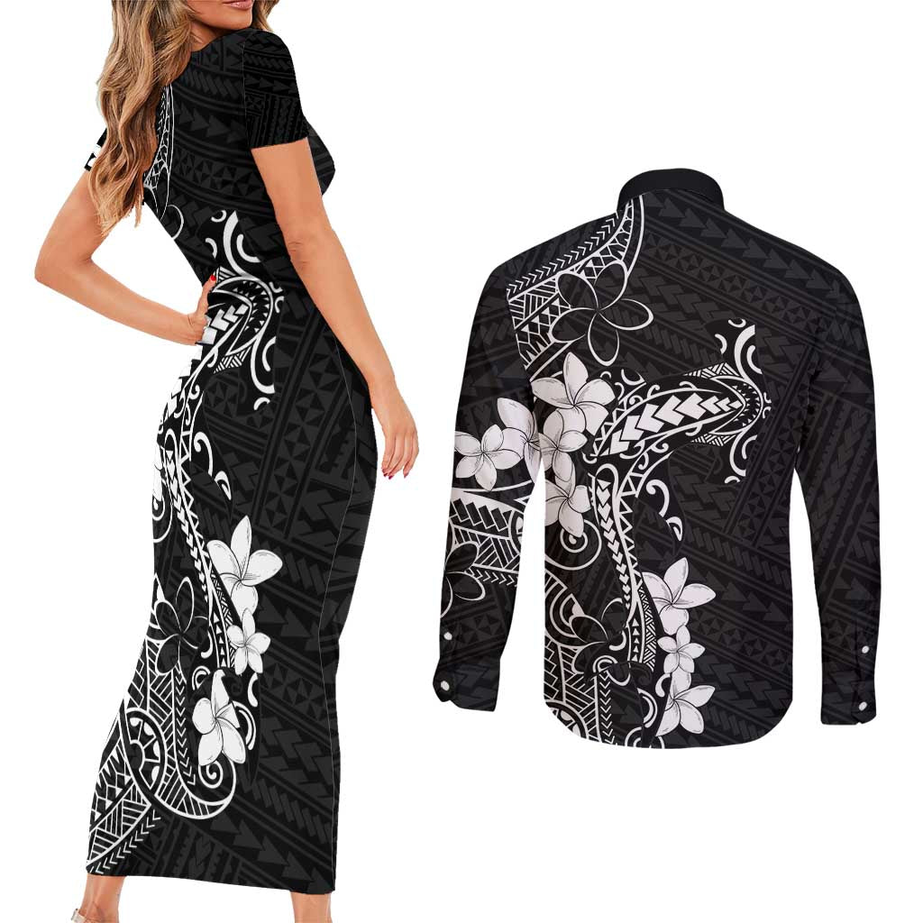 Black Hawaii Couples Matching Short Sleeve Bodycon Dress and Long Sleeve Button Shirt Hammerhead Shark Tattoo Curve Polynesian - Polynesian Pride