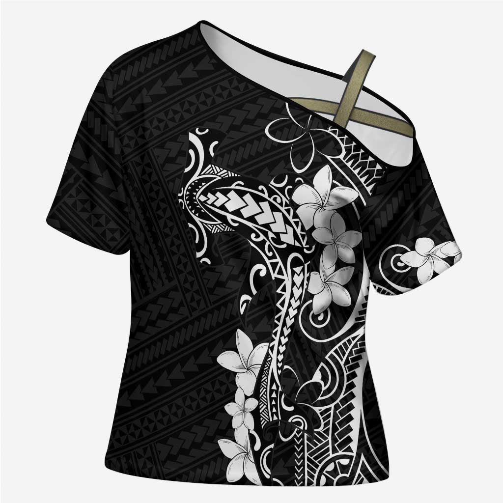 Black Hawaii Cross Shoulder Shirt Hammerhead Shark Tattoo Curve Polynesian LT14 Female Black - Polynesian Pride