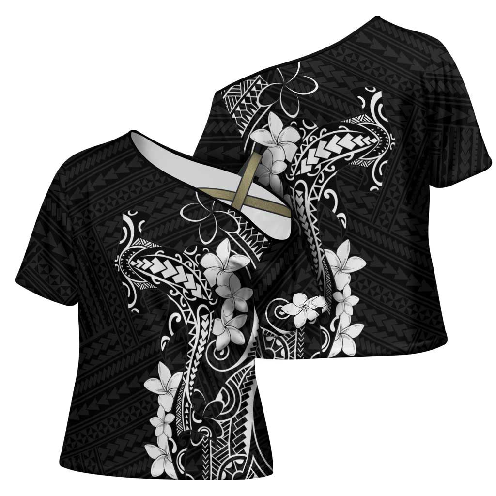Black Hawaii Cross Shoulder Shirt Hammerhead Shark Tattoo Curve Polynesian LT14 - Polynesian Pride