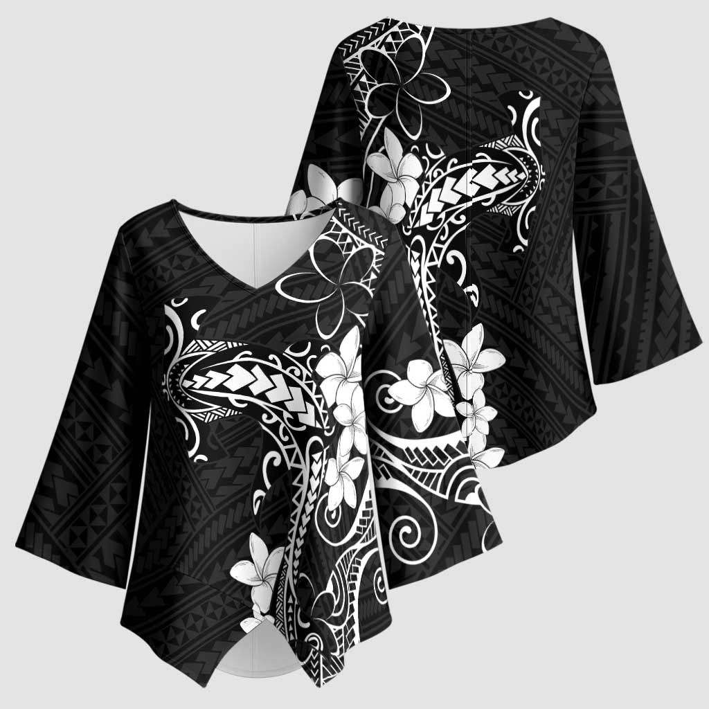 Black Hawaii Kimono Sleeve Blouse Hammerhead Shark Tattoo Curve Polynesian LT14 - Polynesian Pride