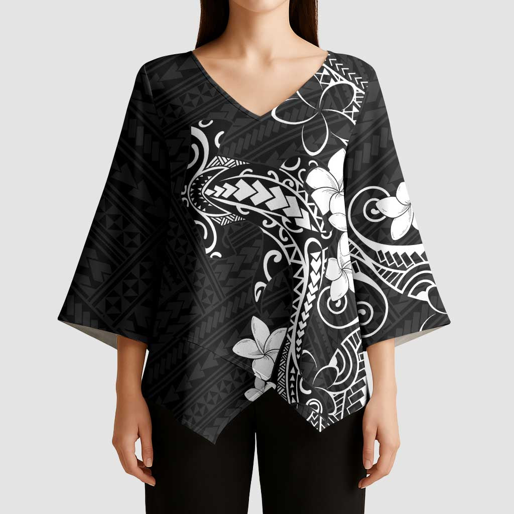 Black Hawaii Kimono Sleeve Blouse Hammerhead Shark Tattoo Curve Polynesian LT14 - Polynesian Pride