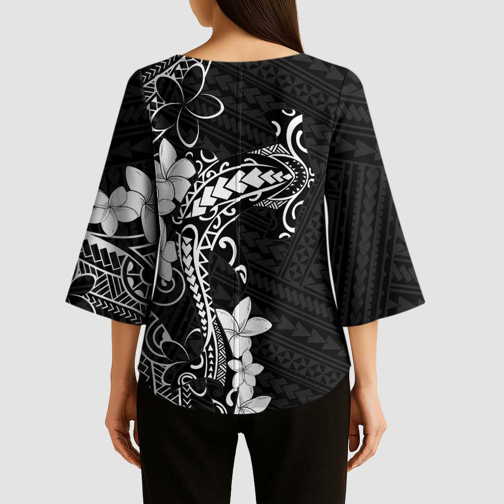 Black Hawaii Kimono Sleeve Blouse Hammerhead Shark Tattoo Curve Polynesian LT14 - Polynesian Pride