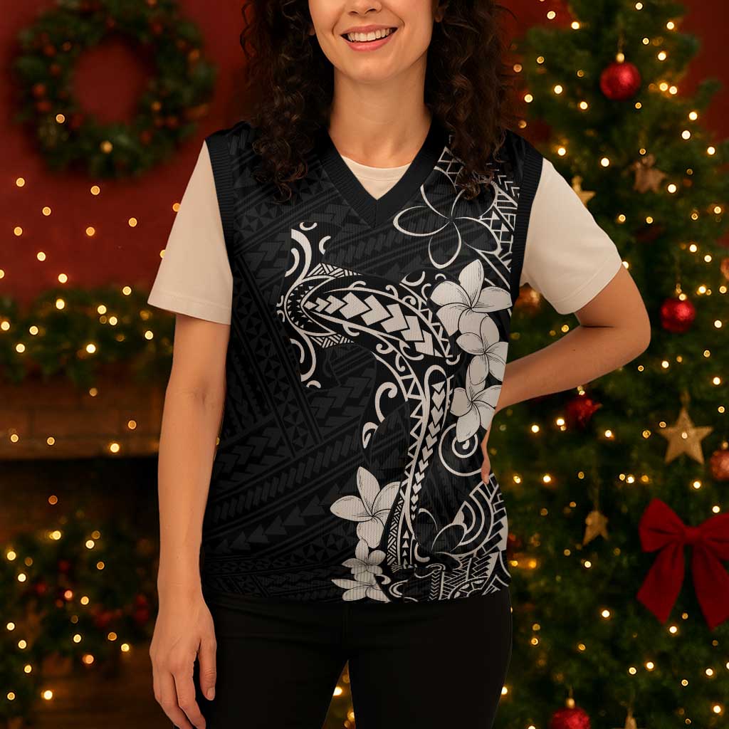 Black Hawaii Christmas Knitted V-Neck Vest Hammerhead Shark Tattoo Curve Polynesian - Polynesian Pride