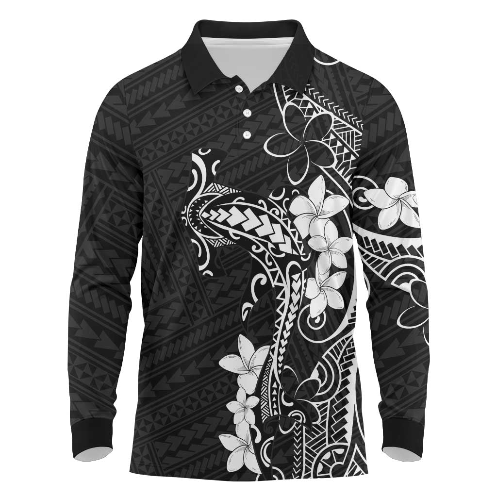 Black Hawaii Long Sleeve Polo Shirt Hammerhead Shark Tattoo Curve Polynesian LT14 Black - Polynesian Pride