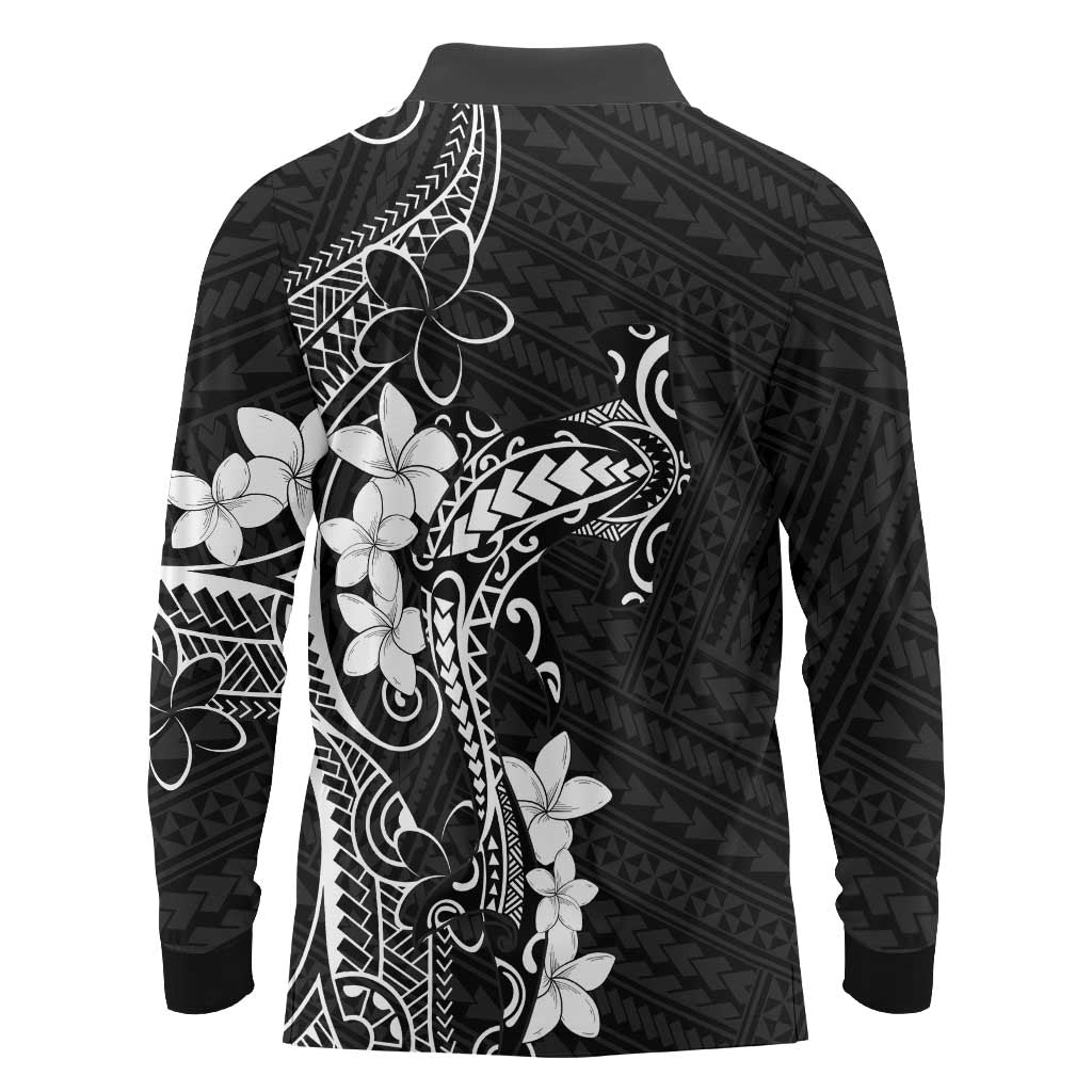 Black Hawaii Long Sleeve Polo Shirt Hammerhead Shark Tattoo Curve Polynesian LT14 - Polynesian Pride