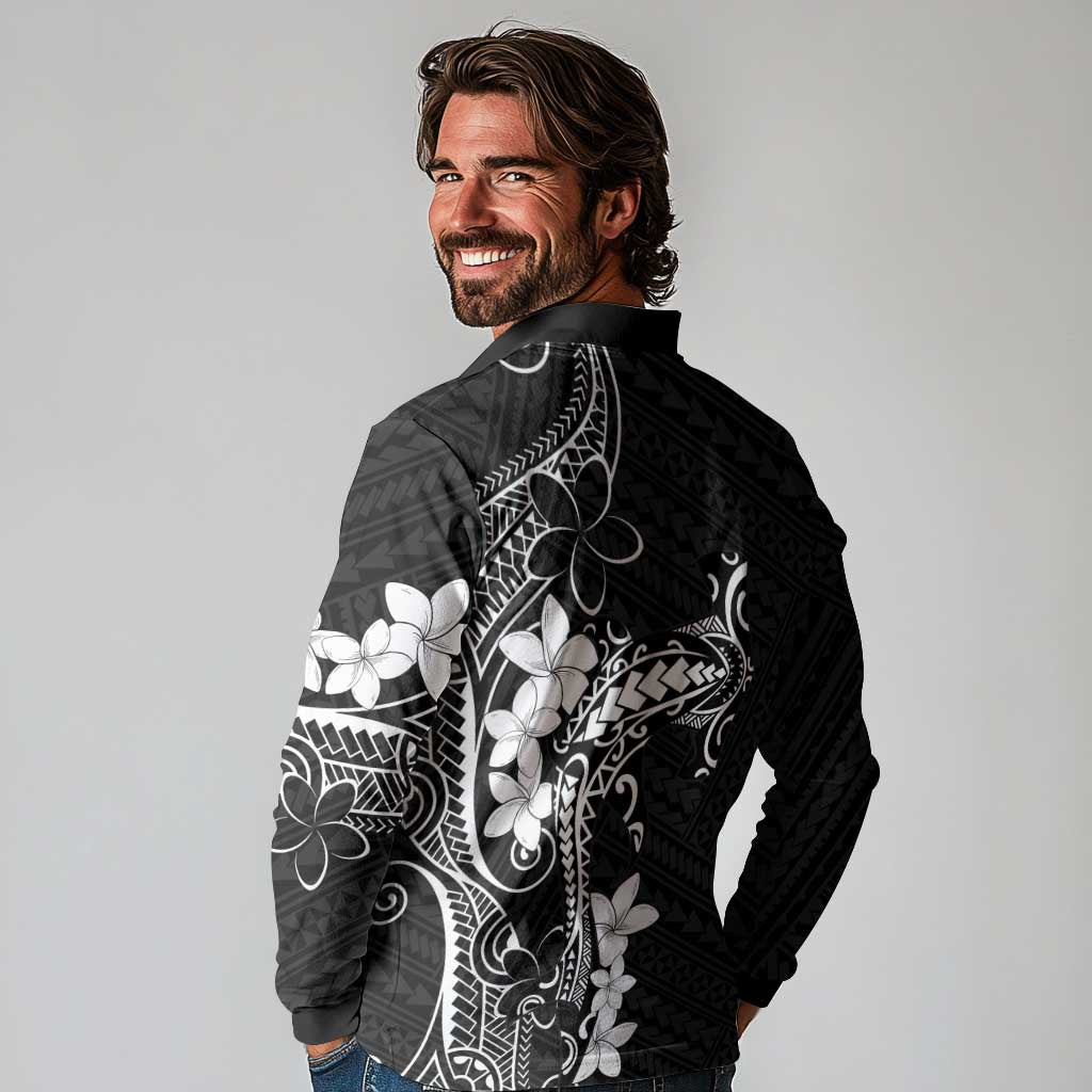 Black Hawaii Long Sleeve Polo Shirt Hammerhead Shark Tattoo Curve Polynesian LT14 - Polynesian Pride