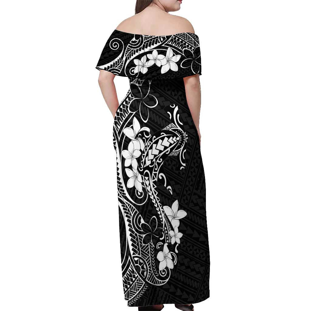 Black Hawaii Off Shoulder Maxi Dress Hammerhead Shark Tattoo Curve Polynesian - Polynesian Pride