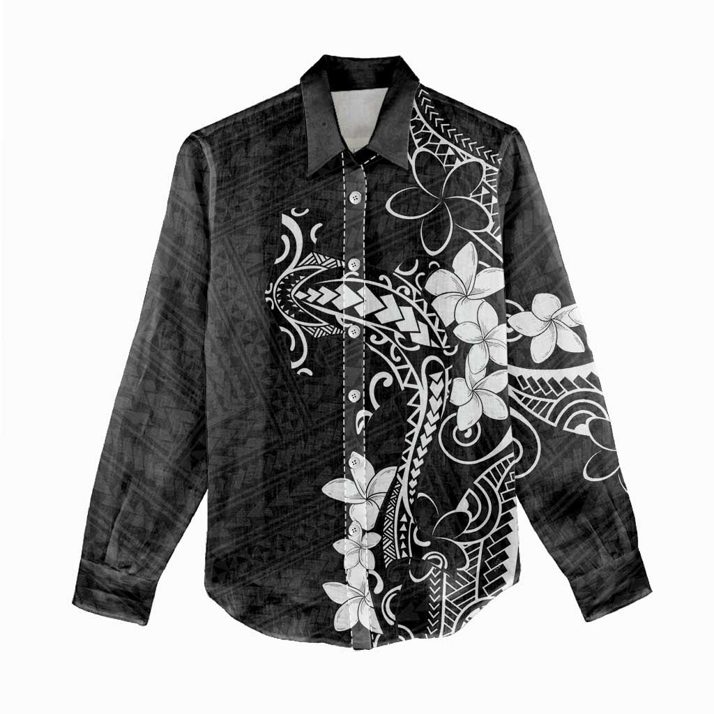 Black Hawaii Women Casual Shirt Hammerhead Shark Tattoo Curve Polynesian - Polynesian Pride