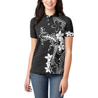 Black Hawaii Women Polo Shirt Hammerhead Shark Tattoo Curve Polynesian - Polynesian Pride