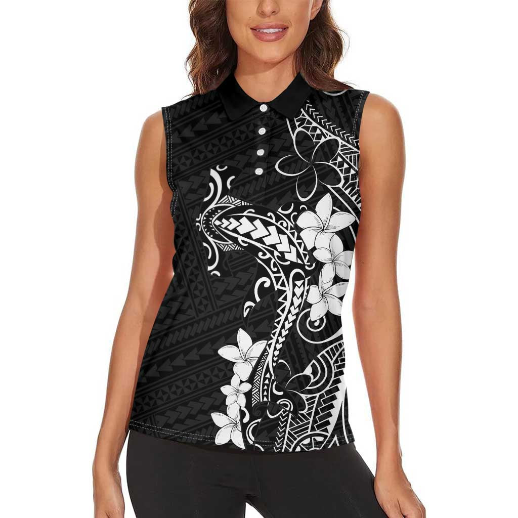 Black Hawaii Women Sleeveless Polo Shirt Hammerhead Shark Tattoo Curve Polynesian LT14 - Polynesian Pride