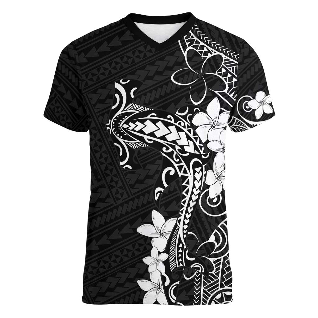 Black Hawaii Women V-Neck T-Shirt Hammerhead Shark Tattoo Curve Polynesian - Polynesian Pride