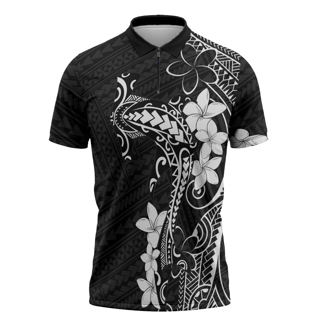 Black Hawaii Zipper Polo Shirt Hammerhead Shark Tattoo Curve Polynesian LT14 Black - Polynesian Pride