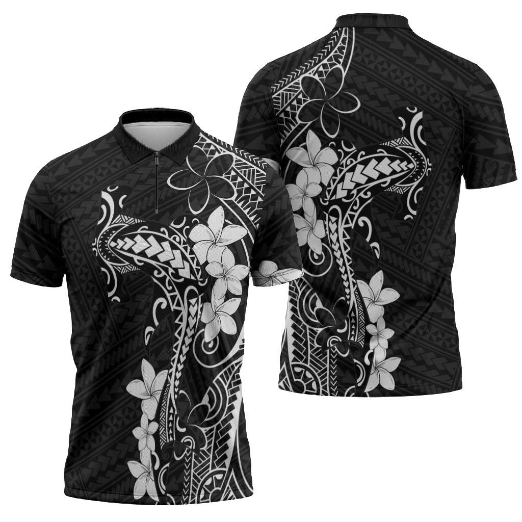 Black Hawaii Zipper Polo Shirt Hammerhead Shark Tattoo Curve Polynesian LT14 - Polynesian Pride