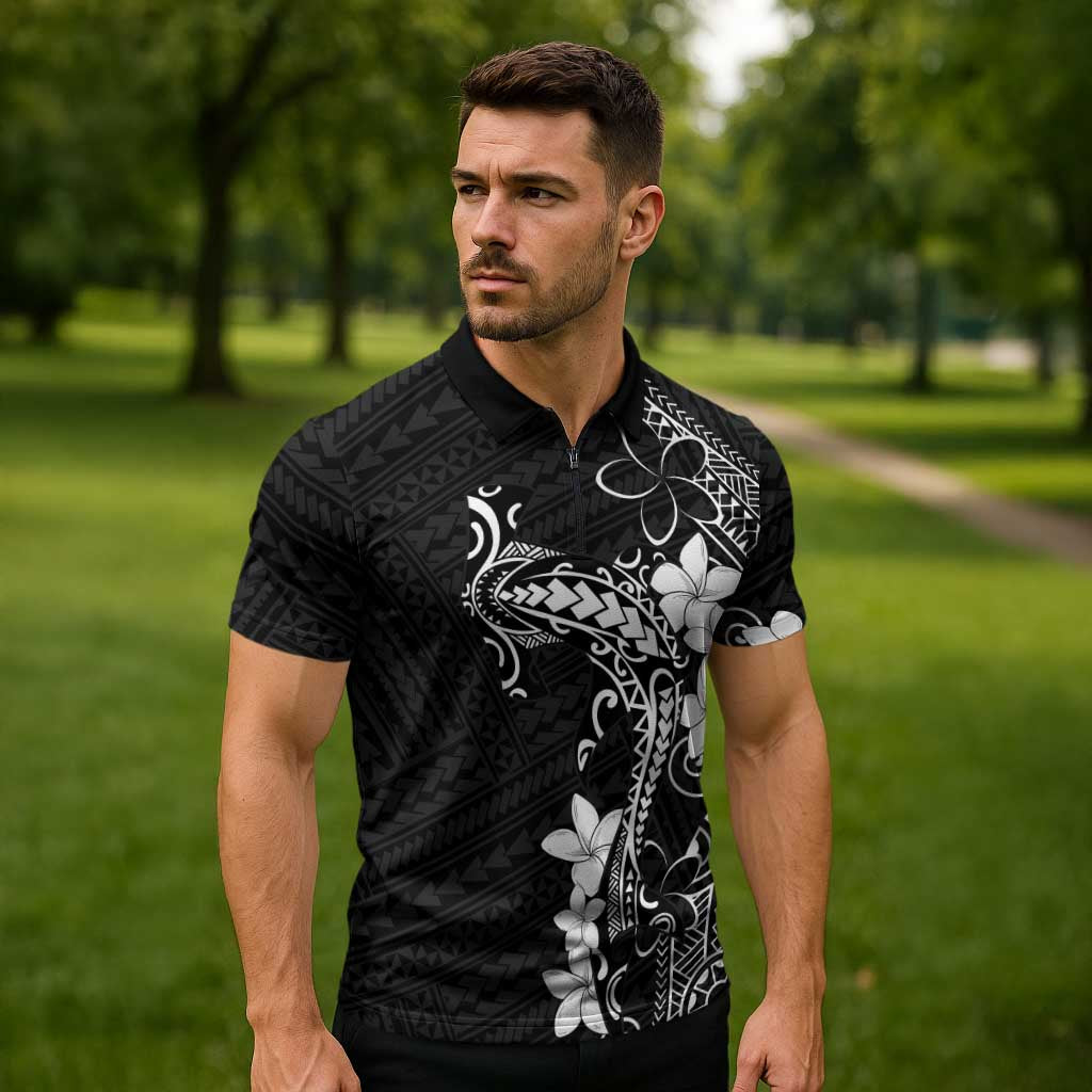 Black Hawaii Zipper Polo Shirt Hammerhead Shark Tattoo Curve Polynesian LT14 - Polynesian Pride