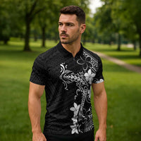 Black Hawaii Zipper Polo Shirt Hammerhead Shark Tattoo Curve Polynesian LT14 - Polynesian Pride