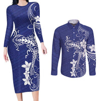 Blue Hawaii Couples Matching Long Sleeve Bodycon Dress and Long Sleeve Button Shirt Hammerhead Shark Tattoo Curve Polynesian - Polynesian Pride